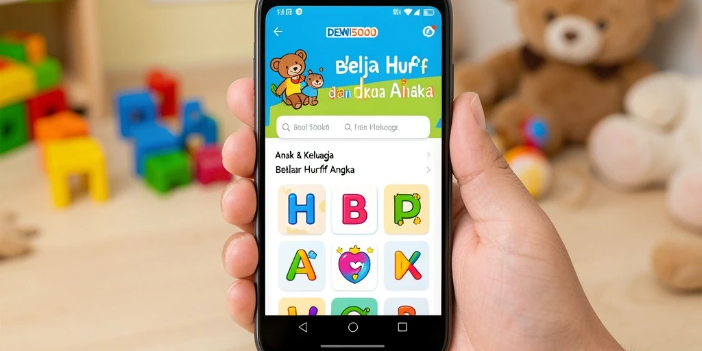 Tampilan antarmuka aplikasi DEWI5000 untuk belajar huruf dan angka.