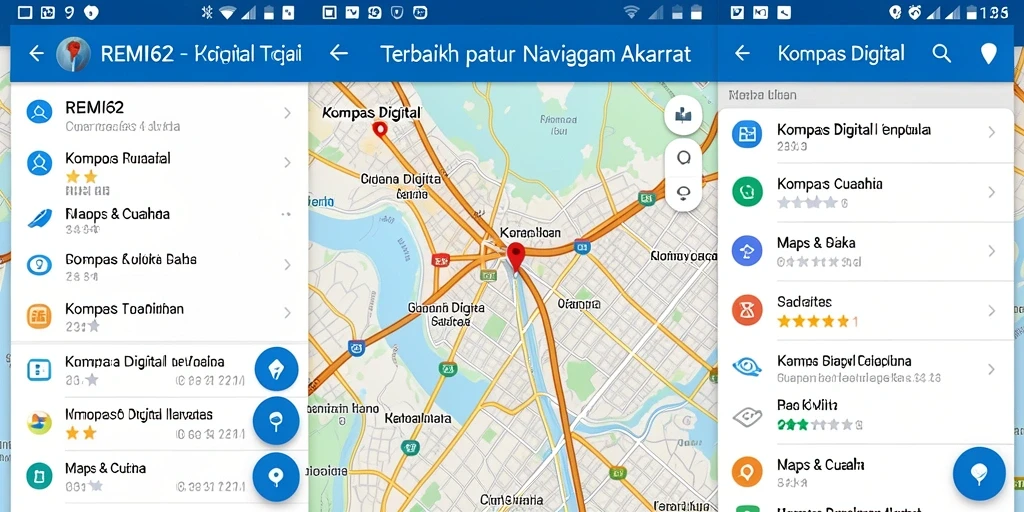 Antarmuka aplikasi REMI62 menampilkan kompas digital dan pilihan peta interaktif.
