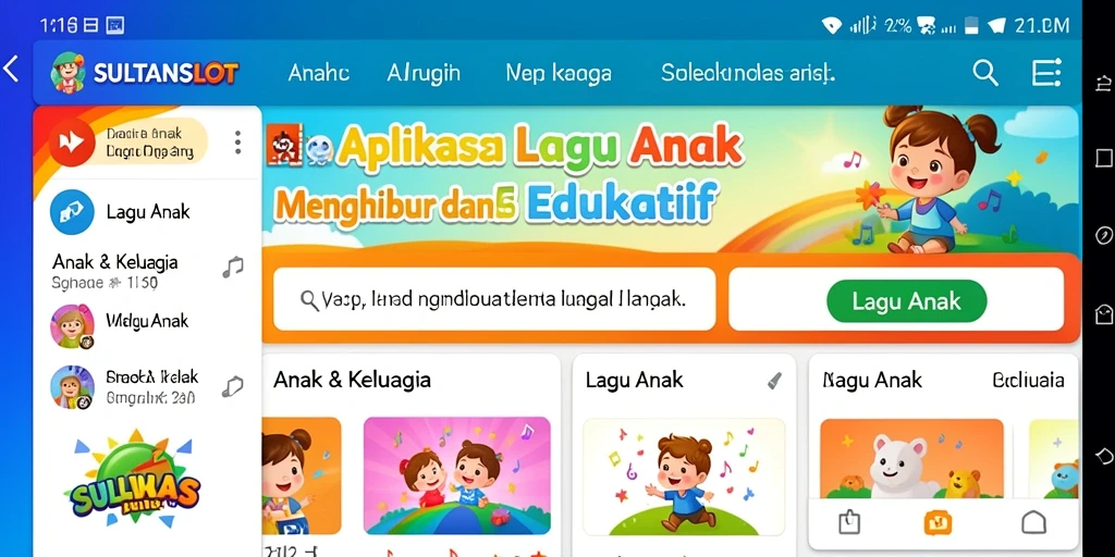 Antarmuka SULTANSLOT menampilkan beragam lagu anak yang ceria.